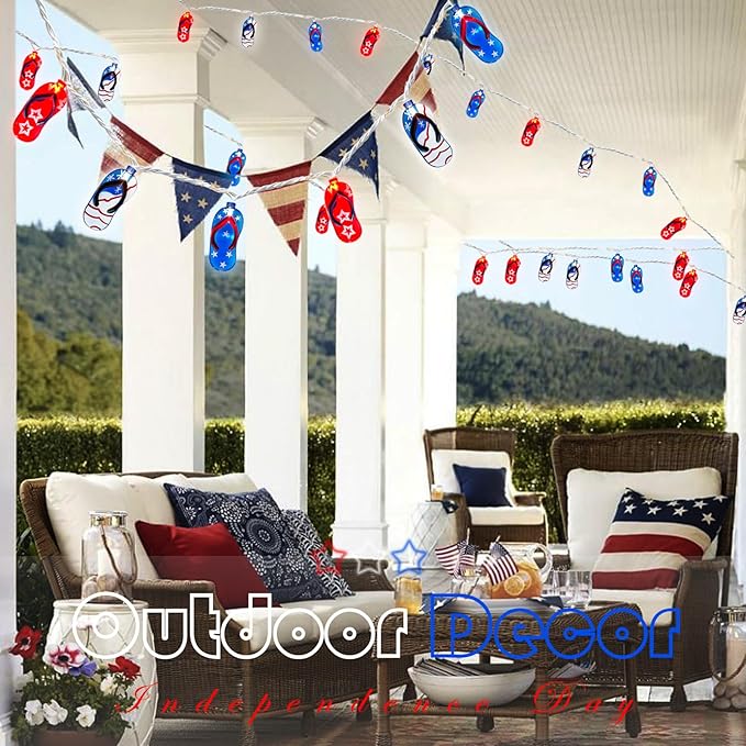SUNSGNE 4th of July Decorations Lights 8.5FT Red White Blue String Lights, Indoor Beach Slipper Summer String Lights with 10 Slipper Lights for Patriotic Independence Day Outdoor Beach Party Decor