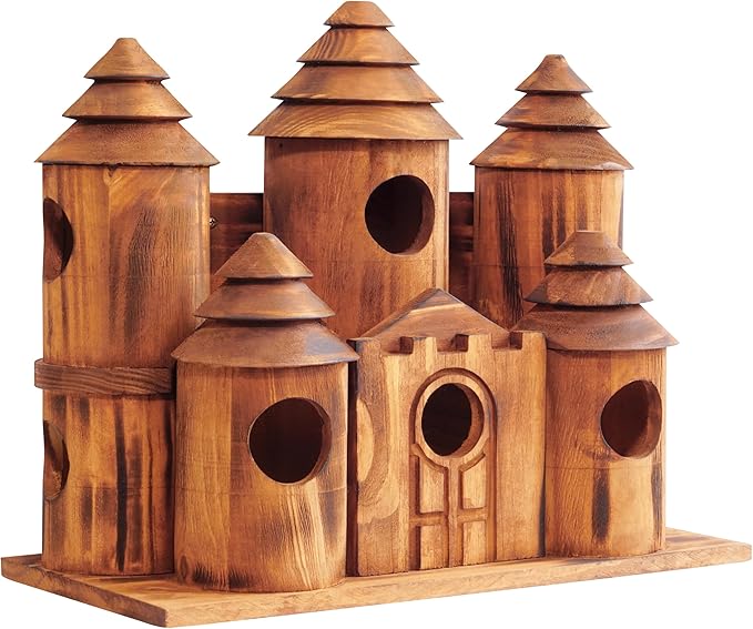 MIXUMON Wooden Bird Houses for Outside โ 8 Rooms Castle-Style Bird House, Carbonized Pine Rustic Finish, 1.57" Entrance Holes, Decorative Outdoor Bird Nesting Box (Rustic, 8 Rooms)
