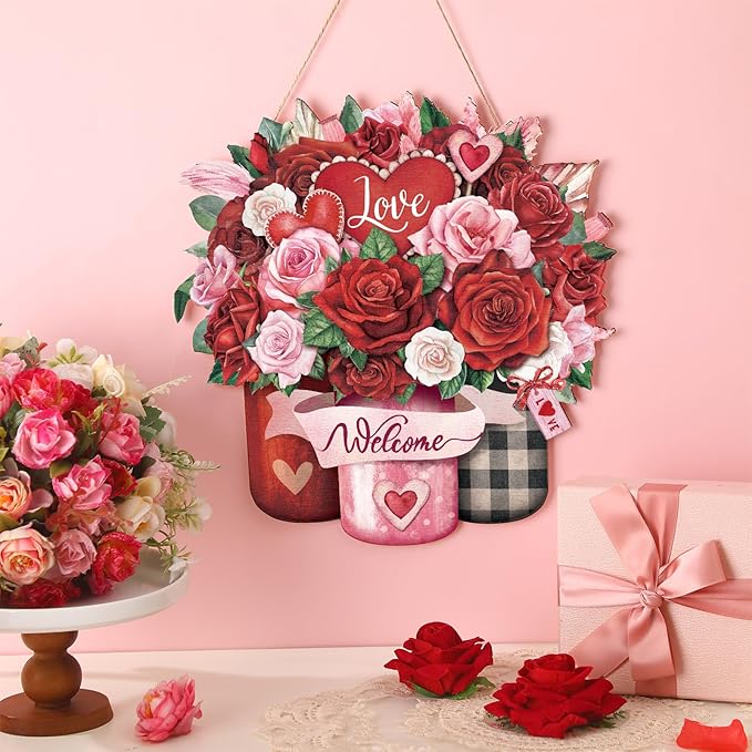 Boao Welcome Valentine's Day Wooden Hanging Sign Farmhouse Door Decor Valentine's Day Wood Love Rose Door Sign Rustic Wall Plaque Ornaments for Window Wall Porch Decorations