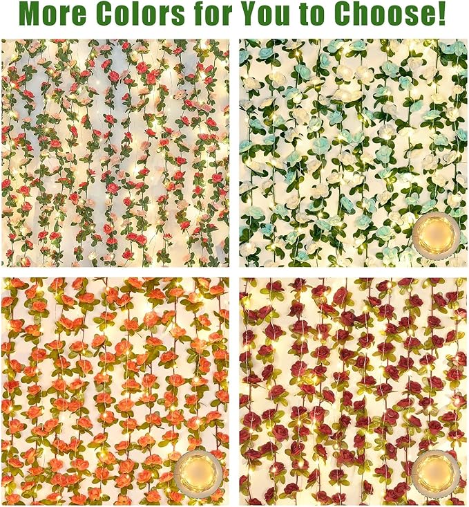 BLEUM CADE 12Pcs 98.4Ft Flower Garland Artificial Rose Vines with 98.4Ft String Lights, Cute Fake Hanging Flower Vines Floral Garland Decorations for Wedding Party Wall Room Decor Aesthetic