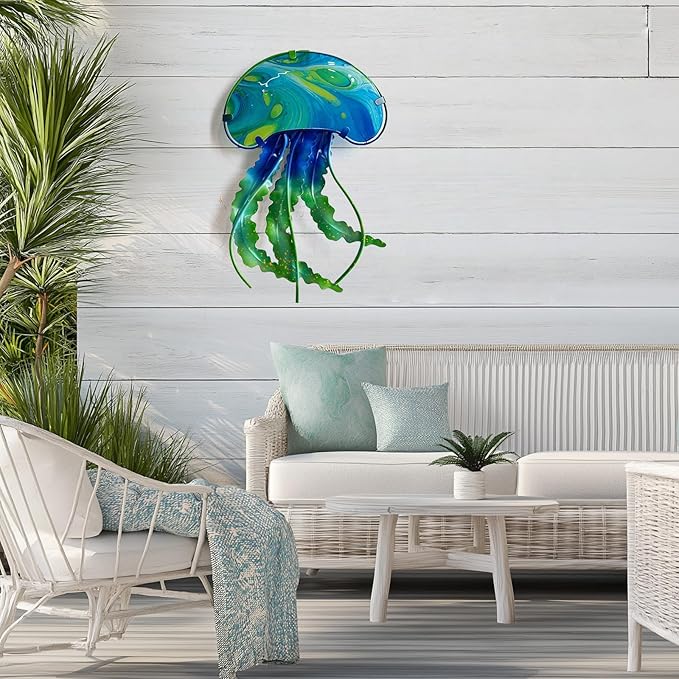 LIFFY Jellyfish Decor Ocean Nautical Beach Wall Decor Fish Wall Art Outdoor Indoor Hanging Jellyfish with LED Fairy Lights for Patio,Garden,Yard,Pool,Beach,Home Gift