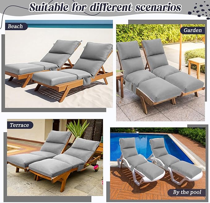 Kigley 2 Pcs Chaise Lounge Cushions, 77.9 x 20.5 x 4.7 Inch Outdoor Lounge Chair Cushions with Pocket, Thick Tufted Patio Recliner Replacement with Ties, Fade Resistant for Pool Furniture (Light Gray)