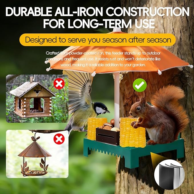 Metal Squirrel Feeder Picnic Table with Umbrella - Heavy Duty Iron Outdoor Chipmunk Feeder, Rust Resistant Corn Cob Holder, Funny Backyard Wildlife Gift for Nature Lovers.(Orange)