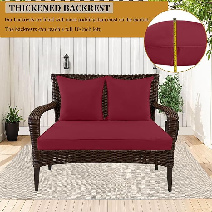 Outdoor Loveseat Cushion Set for Patio Couch/Sofa, 46 x 26 Inch Waterproof & Fade Resistant Patio Furniture Chiar Cushions with Removable Cover (Burgundy, 46''Lx26''Wx4''H-Loveseat Cushion Set)