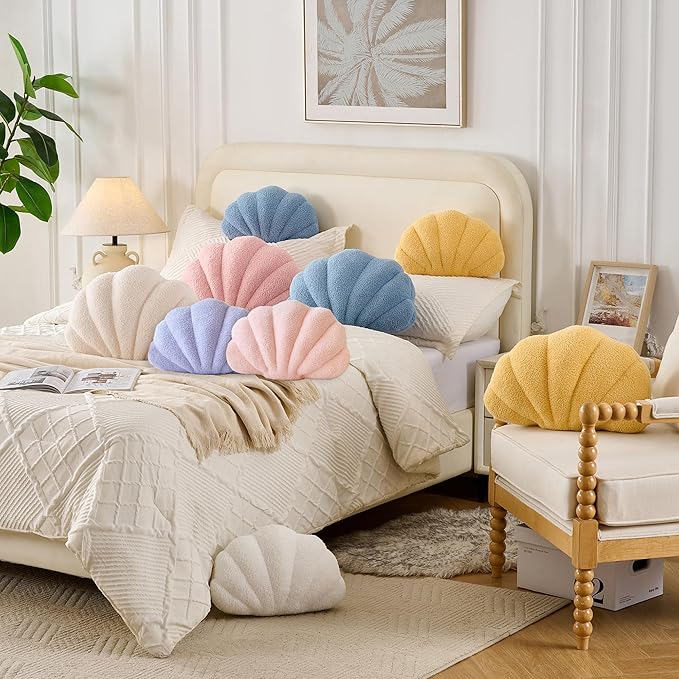 Seashell Throw Pillows Shell Shaped Pillow Lavender Sea Shell Pillows for Bed Seashell Decorative Pillow Soft Plush Pillow Sea Couch Decoration(18 X 13 inch)