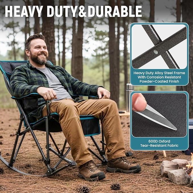 FUNDANGO Oversized Rocking Camping Chair for Adults, Portable Folding Lawn Chairs for Outside with Pillows, Wide Armrest, 2 Cup Holders, Carry Bag for Patio Garden Outdoor Supports 300Lbs (Black/Blue)