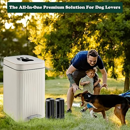 Dog Poop Trash Can Outside, 5L/1.3 Gal Pet Poop Bucket with Lid, Foot Pedal, Dog Waste Container with 40 Bags, Lid Soft Close for Pet, White