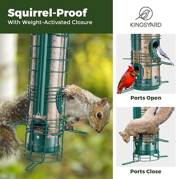 Kingsyard Squirrel Proof Bird Feeder for Outside Hanging, Weight-Activated All-Metal Wild Bird Feeders for Cardinal Finch, Detachable Base Easy to Clean, 3 LBS Capacity,Green