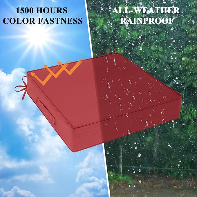 Outdoor Chair Cushions Set of 2 for Patio Furniture 22x22x4 Inch Waterproof Patio Chair Cushion 3 Year Color Fastness Square Elastic Foam Garden Couch Pads with Ties and Handle,Red
