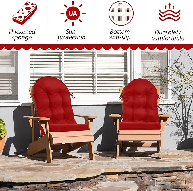 Geelin 2 Pcs Adirondack Chair Cushion High Back Patio Chair Cushion 44 x 19 x 4 Inch Tufted Weather Resistant Fade Resistant Seat Rocking Chair Cushion for Patio Rocking Chair Cushion Seat (Red)