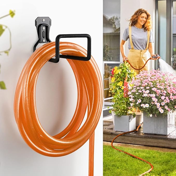 Hose Holder Stand Wall Mount, 4Pcs Heavy Duty Garden Hose Hanger Reel, Metal Water Pipe Tube Hooks Rack for Outside Yard, Garage, Storage Organizer - Black