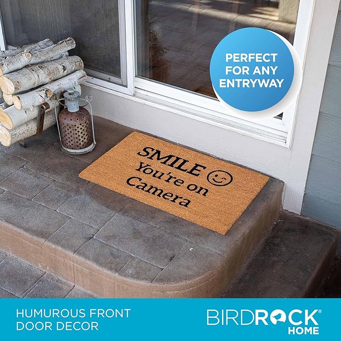 BIRDROCK HOME Smile You're On Camera Doormat - Front Door Mat for Indoor Outdoor Entrance - Black Border Rug for Entryway, Porch, Patio, House, or Backdoor - Low Profile, Easy to Clean - 18x30