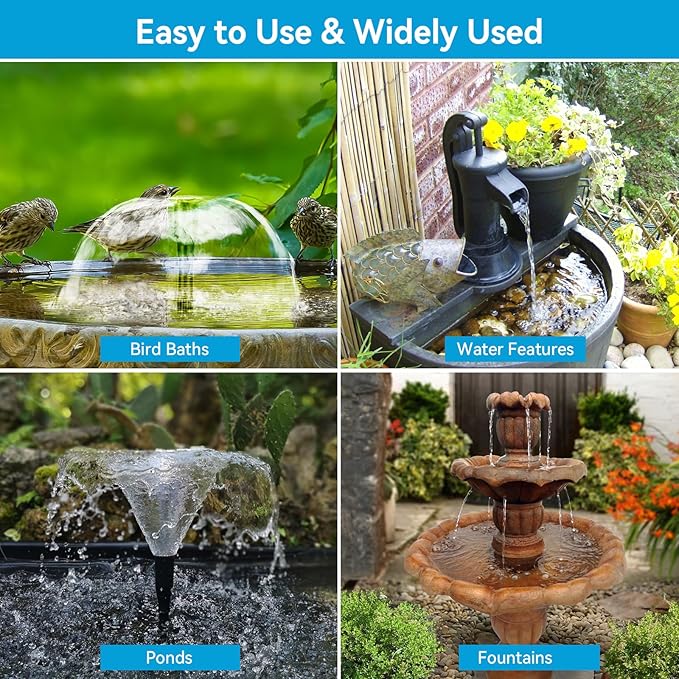 POPOSOAP 6.5W Solar Fountain Pump for Bird Bath Built-in 3000mAh Battery Backup, DIY Solar Water Fountain with Double-Layer Nozzles & Dry-Run Protection 5Ft Tubing for Ponds, Bird Bath, Water Features