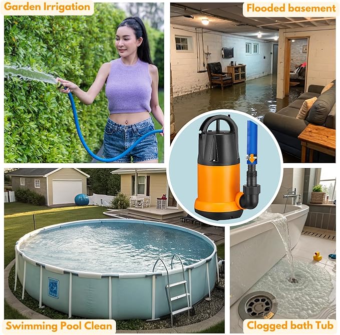 Submersible Water Pump With 25ft. Hose Kit, Sump Pump, Utility Pump with 25-Foot Power Cord, 4000GPH, Portable Water Pump for Swimming Pools, Garden Ponds, Basements, Multi-Purpose Drainage