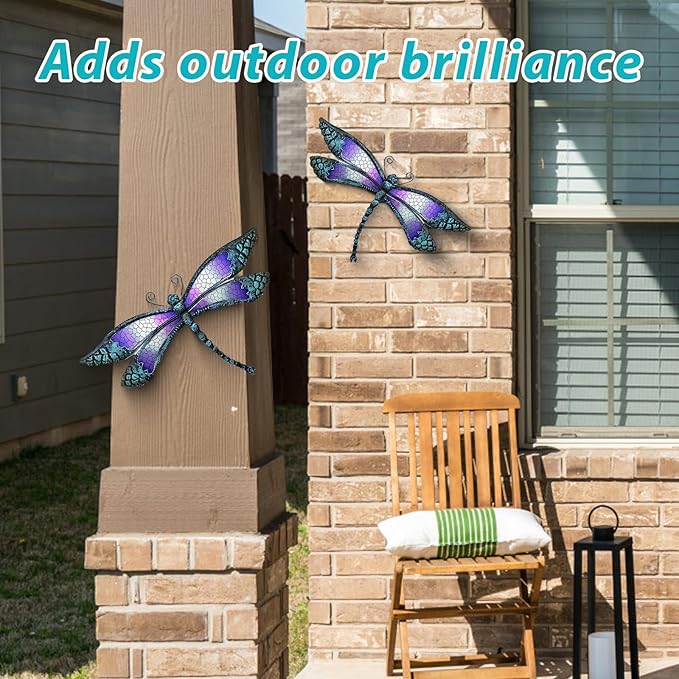 Metal Dragonfly Wall Decor, Handmade Mosaic Glass & Iron Art for Outdoor Garden, Patio, Fence, Vibrant Purple Wall Art Sculpture (15 Inch) - Bedroom, Living Room Decorative Ornaments