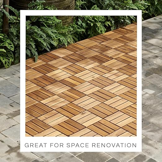 10 Pcs Deck Tiles, Patio Flooring - Outdoor Waterproof Acacia Wood Tiles for All Weather Use - Balcony, Backyard, Indoor & Outdoor (Golden Teak Crossed Pattern, 10 Square Ft)