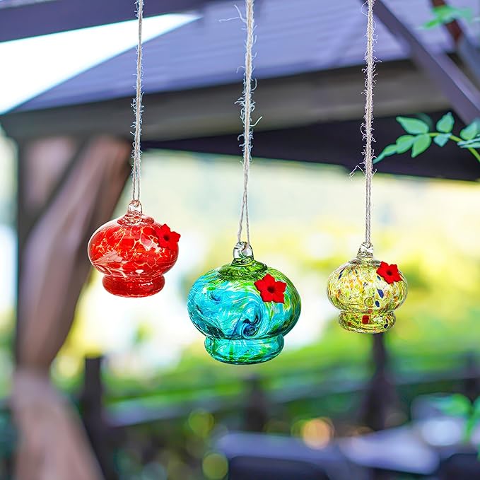 Glass Hummingbird Feeder with Flower Feeding Ports 3in Blown Glass Hummingbird Feeders for Outdoors Backyard Garden Decor Gifts for Women (3pcs)