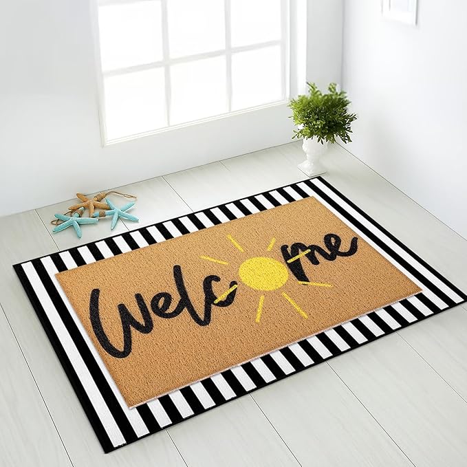 Tinideya 2 Pcs Summer Door Mat Non Slip Wildflower Coastal Hello Sunshine Sweet Home Ocean Pet Welcome Floor Doormat Buffalo Plaid Checked Stripe Mat Seasonal for Front Porch Entryway(Golden Sun)