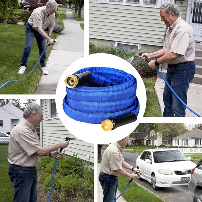 YOTOO Garden Hose 25FT, Lightweight, Durable, Flexible, Non-Expanding, Kink-Free Water Hose with Solid Brass Fittings for Outdoor, Watering flants and flowers, Car Wash,Blue