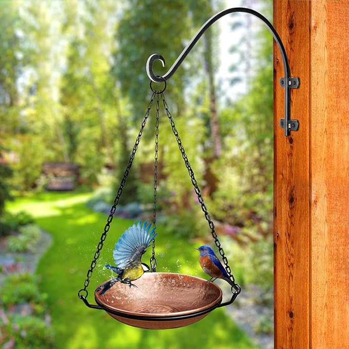 Monarch Abode Hanging Bird Bath & Bird Feeder for Outdoors – Pure Copper Hand Hammered Birds Bath Bowl w/ 17-inch Detachable Iron Chain, Birdfeeder and Birdbath for Outdoors Garden Backyard