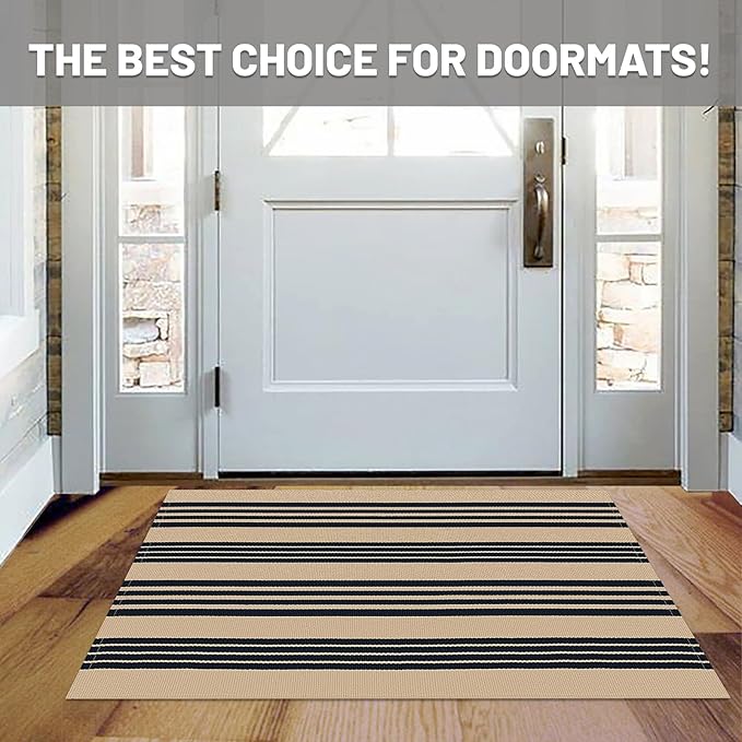 IOHOUZE Black and Tan Striped Rug 2.3'x3.6' Front Door Rugs Outdoor, Small Washable Area Rug for Front Porch, Spring Summer Welcome Mats Outdoor Indoor, Doormat for Entryway Porch Entrance