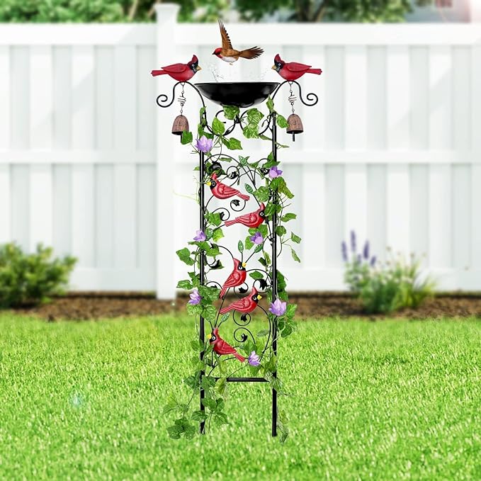 Cardinal Bird Bath Garden Trellis for Climbing Plants Outdoor Wind Chime Decor Red Birds Feeder Yard Sign Spring Lawn Decorations Housewarming Christmas Appear Memorial Gift for Bird Watcher Gardener
