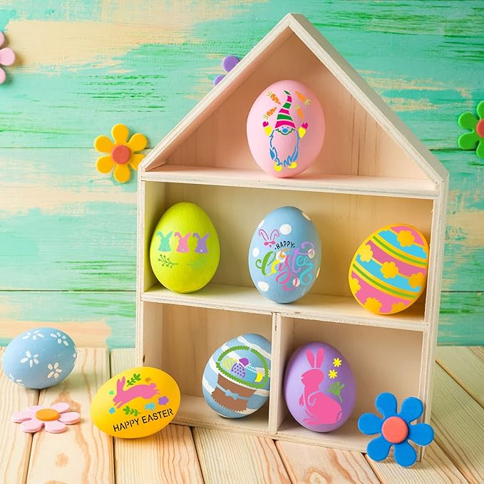 80 Pieces 3 x 3 Inch Easter Reusable Plastic Art Craft Kits for DIY Painting Art Projects Wood Wall Floor Fabric Furniture Tile Holiday Stencils Decorations Easter Egg Stencils Craft Kits