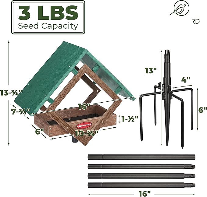 Kingsyard Large Platform Bird Feeder with Metal Mesh Tray, Pole Mount Adjustable Bird Feeders with Weather Protective Top, 4 lbs Seed Capacity, Brown