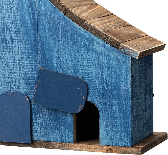 Glitzhome Bird Houses for Outside, 15" L Oversized Distressed Solid Wood Birdhouse with 3D Flowers Rustic Three-Story Villa Decorative Hand-Painted Hanging Bird Houses for Outdoors,Washed Blue