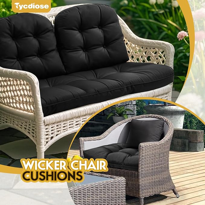 All Weather Wicker Chair Cushions of 3 Pieces, Waterproof Outdoor Wicker Chair Cushion for Patio Furniture Loveseat Settee Bench, 1 Loveseat and 2 U-Shaped Thickened Cushions, Black