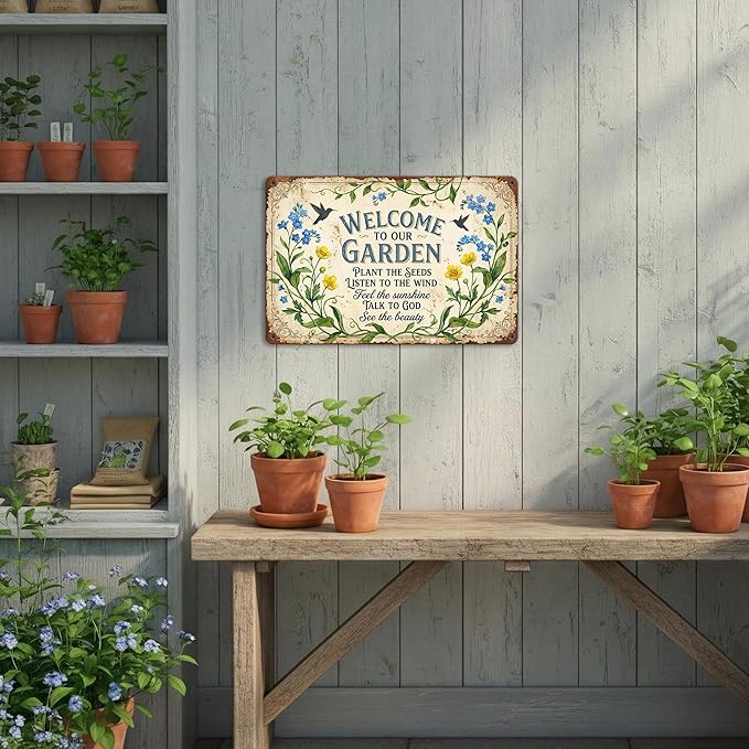 Religious Garden Tin Sign - "Welcome to Our Garden" Inspirational Metal Plaque - 8x12 Aluminum Christian Wall Decor with Bible Verse - Metal Sign Spiritual Gifts for Shed, Mom, Grandma, Prayer Garden