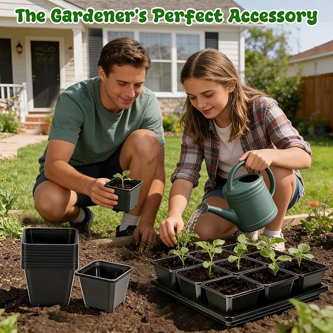 NNG 3.5 inch 50 Pcs Black Square Nursery Pots with 5 Pcs Plastic Seed Starting Trays,Plant Propagation Starter Kit Square Seed Starting Pots with Drain Holes