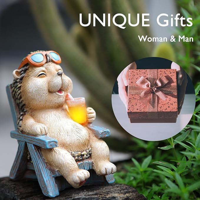 Hedgehog Statue Outdoor Solar Garden Decor for Outside Lawn Yard Patio, Home Office Valentine's Day Decorations Indoor Lights, Ideal Ornaments Birthday Gifts for Mom Women Grandma