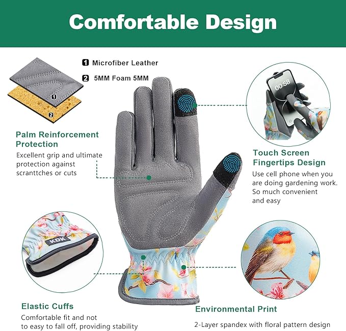 Gardening Gloves for Women, Flexible Breathable Garden Gloves, Leather Working Gloves for Weeding, Digging and Pruning (M-Birds)
