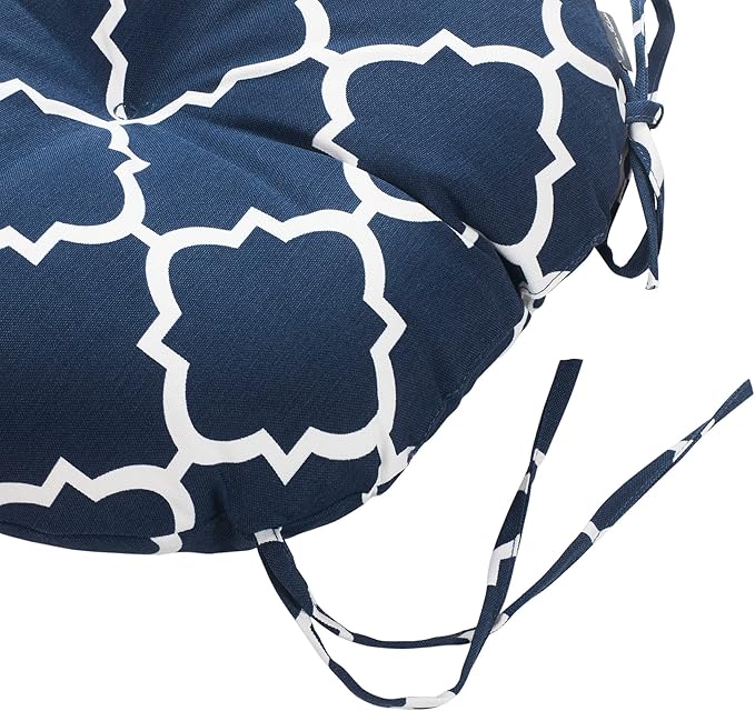 Magpie Fabrics Outdoor Round Bistro Seat Cushions with Ties, 15"x15"x4" Set of 2, Tufted Waterproof Barstool Chair Pads for Patio Home Garden Office, Geomentry Navy