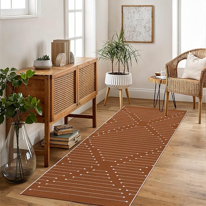 LIVEBOX Boho Burnt Orange Runner Rug 2x6 for Bathroom Kitchen Entryway, Cotton Woven Washable Bedroom Rug Runners,Hallway Laundry Room Decor Throw Rugs