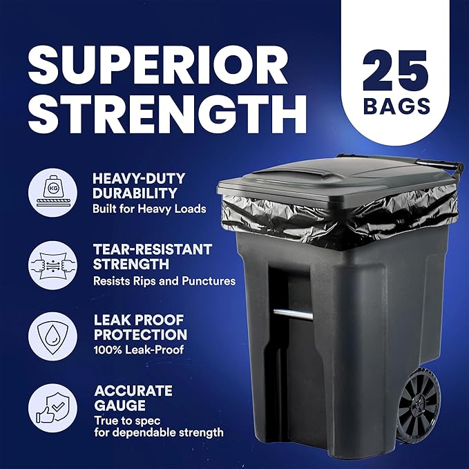 Plasticplace 64-65 Gallon Black Trash Bags, Heavy Duty Toter Can Liners, Tear & Leak-Proof, Industrial Strength, 25 Count, Large Garbage Bags for Kitchen & Commercial Use 1.2 Mil, 50" x 60"