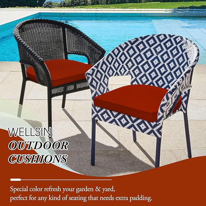 Wellsin Outdoor Chair Cushions for Patio Furniture - Patio Chair Cushions Set of 4 - Water Resistant Round Corner Outdoor Seat Cushions 17"X16"X2", Brick Red