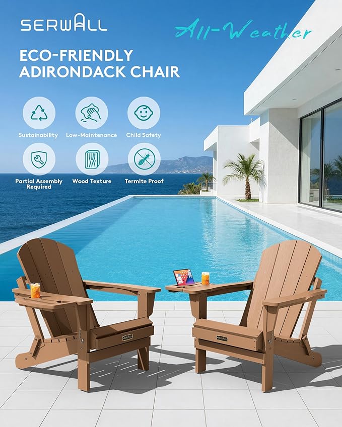 SERWALL Folding Adirondack Chair Set of 4, Outdoor Adirondack Chairs with 4 in 1 Cup Holder, Wood Texture Patio Chairs, Weather Resistant Fire Pit Chairs for Patio Deck Garden, Backyard Deck - Brown