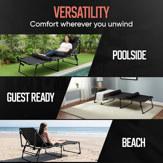 Outdoor Lounge Chair | Extra Large Portable cot incl Leg Raising adjustability | Easy Setup & Takedown | Supports Adults up to 300 lb | Ideal for Camping Patio, Balcony, Beach & More