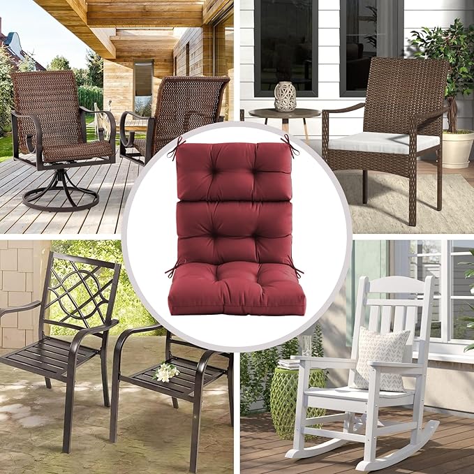Outdoor/Indoor High Back Chair Cushion, Waterproof Outdoor Rocking Chair Cushion with Ties, Tufted Replacement Seat Cushions for Outdoor Furniture, Red
