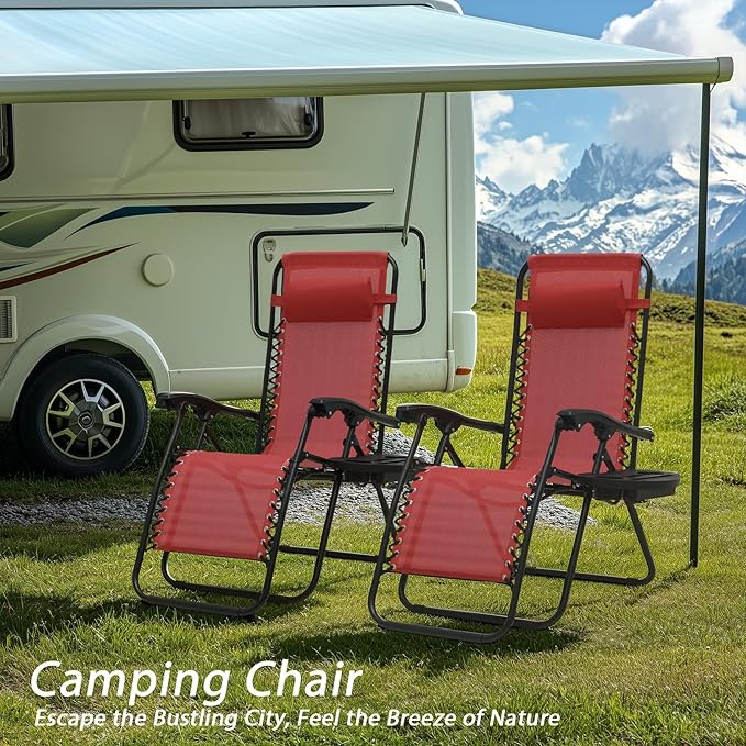 Zero Gravity Chairs, Portable Folding Reclining Lounge Chairs with Adjustable Pillow and Cup Holder Trays for Outdoor, Patio, Beach, Camping, Garden, Poolside, Wine Red