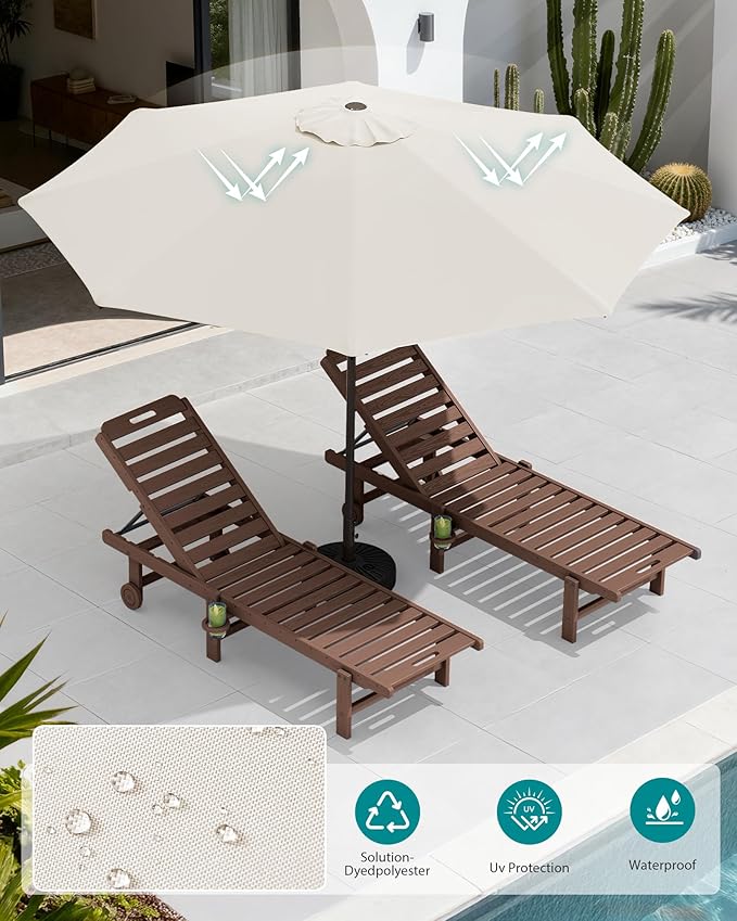 SERWALL Outdoor Chaise Lounge Set of 2 with 9FT Umbrella, HDPE Pool Lounge Chair with 5-Position Adjustable Backrest, Patio Lounger with Rolling Wheels & Cup Holder for Pool, Brown