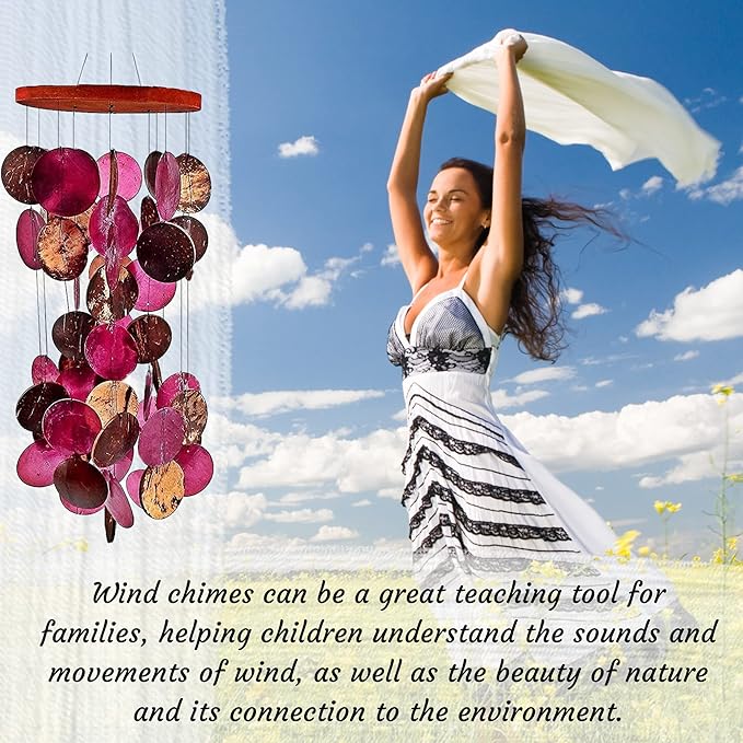Bellaa Wind Chimes for Outside Capiz Sea Glass Shells 27 inch Outdoor Windchimes Home Garden Patio Yard Lawn Unique Gifts Mom Grandma (Y Pink Round)