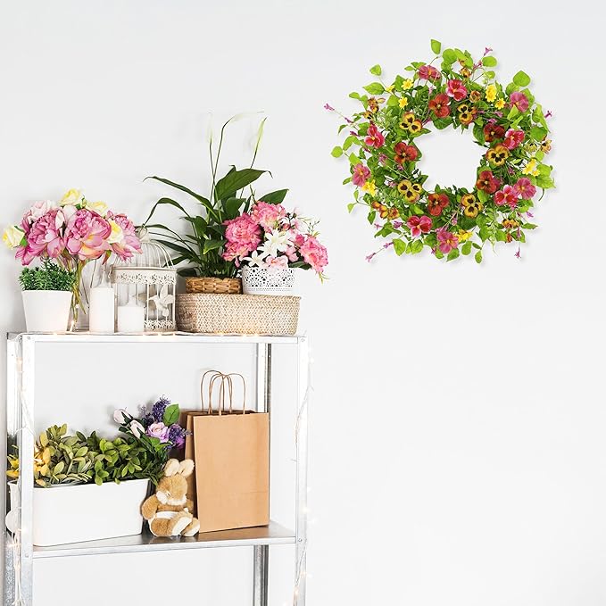 YNYLCHMX 18" Spring Summer Wreaths for Front Door, Artificial Floral Wreath with Ivy Leaves Daisies Pansies Rose Leaves, Green Foliage Wreath for Wall Window Farmhouse Party Holiday Home Decor