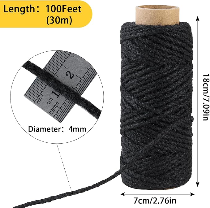100 Feet 4mm Thick Black Natural Jute Twine, Garden Twine Heavy Duty Industrial Packing Materials String Wrapping, Arts, and Crafts, Halloween Wrapping, Gardening Applications