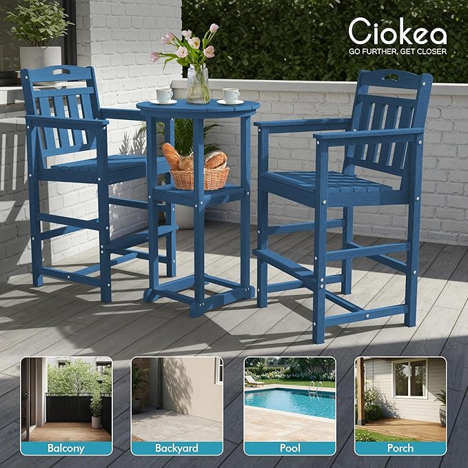 Ciokea 3-Pcs Bistro Table and Chairs, All-Weather Round High Top Bar Table with Storage Shelf and 2 Oversized Adirondack Chairs, Heavy Duty Outdoor Bar Patio Bistro Set for Balcony Deck, Navy Blue