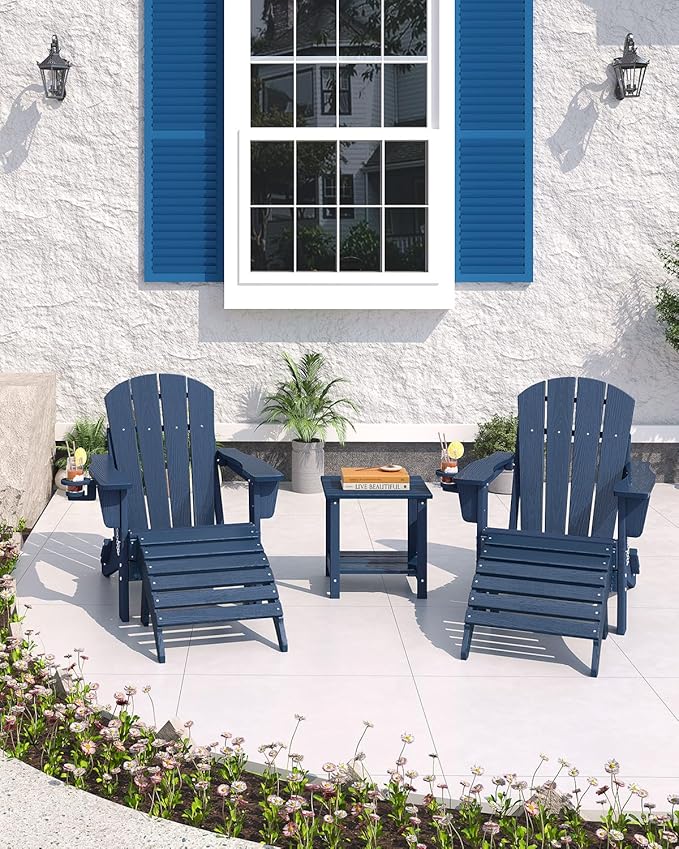Folding Adirondack Chair Set of 5, All-Weather HDPE Outdoor Chair, Wooden Textured with Cup Holder for patios, Decks, Gardens, fire pits, Navy Blue