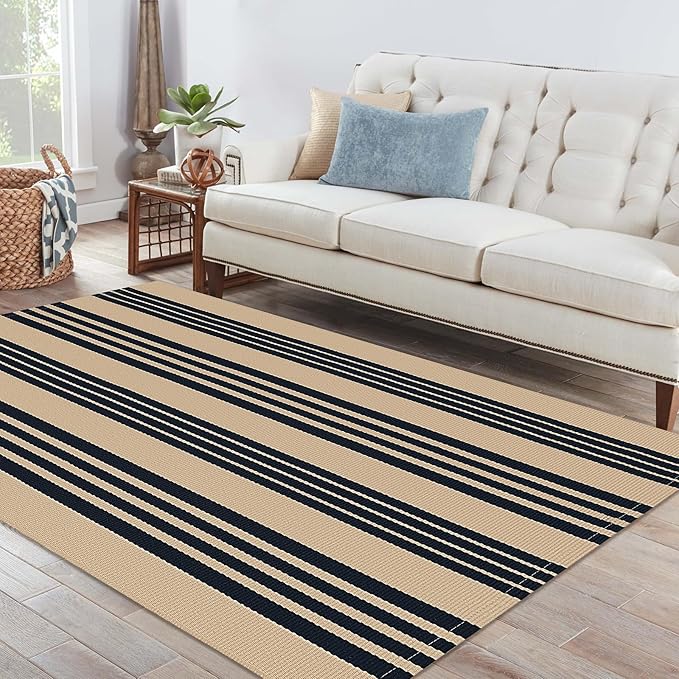 IOHOUZE Black and Tan Striped Rug 4'x6' Front Door Rugs Outdoor, Washable Area Rug for Double Front Porch, Large Patio Rug Outdoor Indoor, Doormat for Entryway Porch Entrance