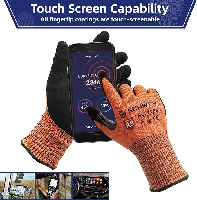 Schwer ProGuard Highest Level Cut Resistant Work Gloves PR3326 for Extreme Protection,ANSI A9 Cut Gloves with Reinforced Thumb, Non Slip, Non PFAS, Durable, Touch-screen, Orange 1 Pair(XXL)
